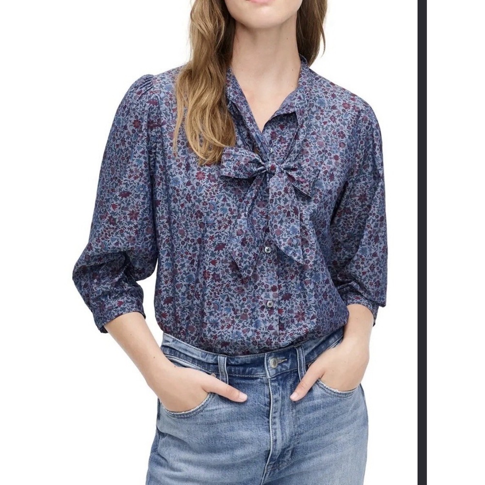 J. CREW Liberty Fabric Columbo Chambray Tie Neck Blouse Women M Floral Cottage